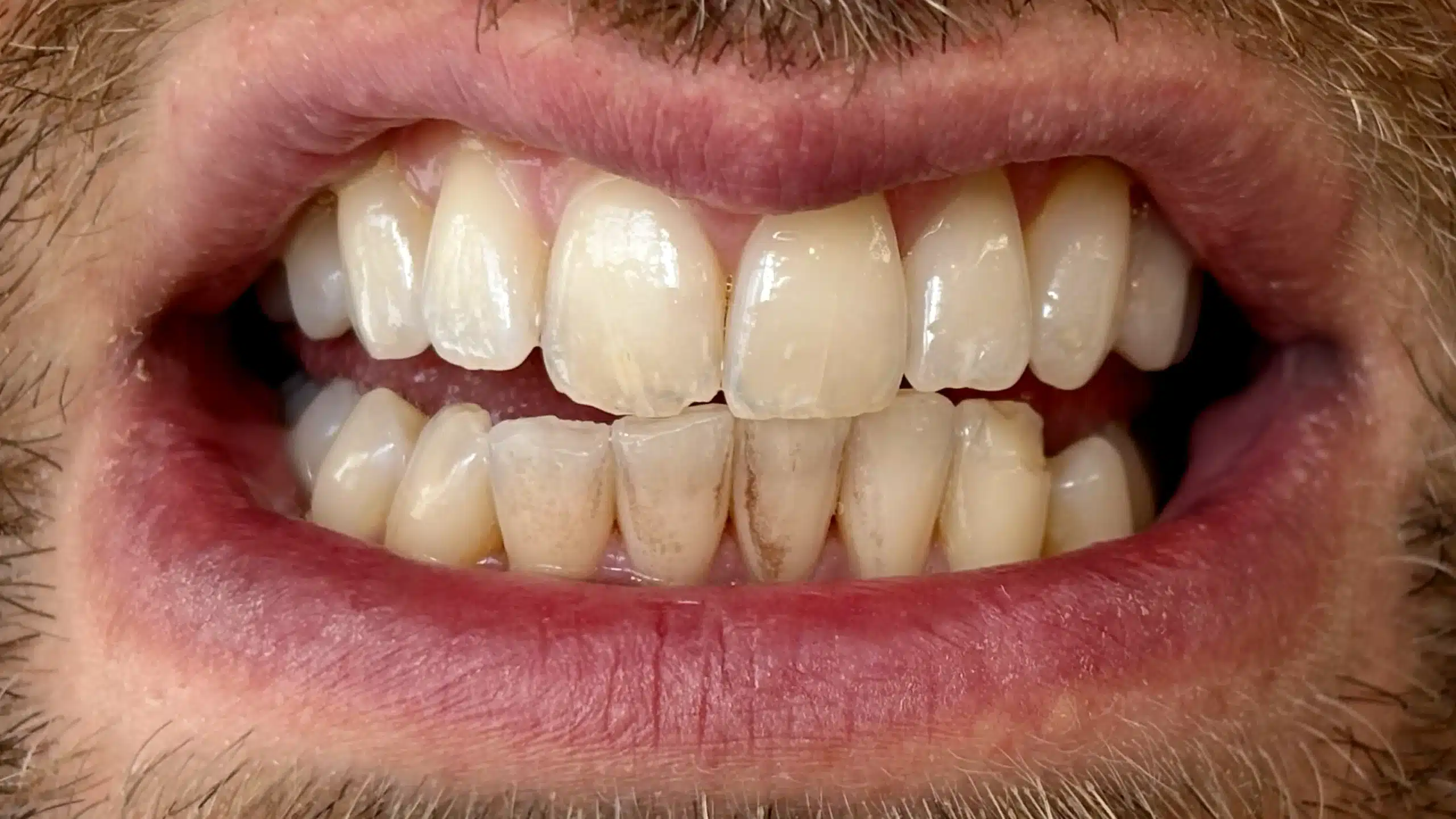 Before-and-after comparison of upper front teeth showing visible whitening improvement after treatment by Agnieszka Boultbee