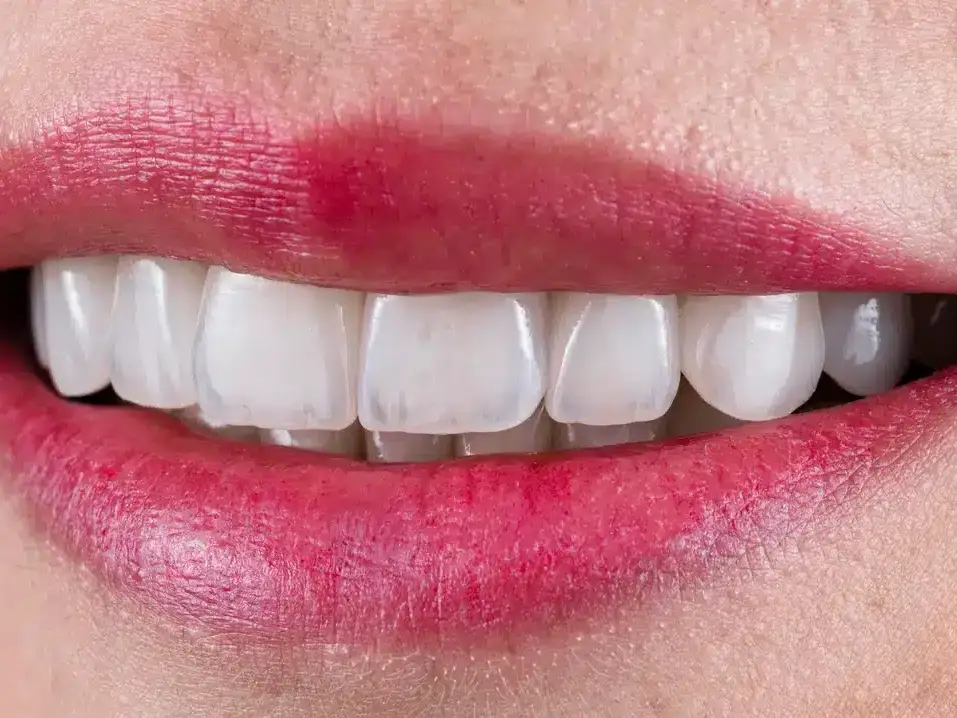 Close-up of natural-looking smile after porcelain veneer placement